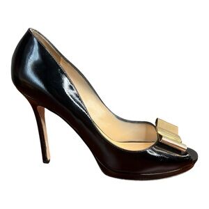 Kate Spade NY Patent Leather Peep Toe Heels Pumps Black Shoes Gold Bow